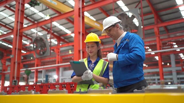 Factory workers reviewing production data together in an industrial plant.