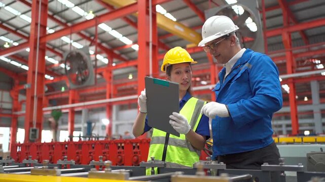 Factory workers reviewing production data together in an industrial plant.
