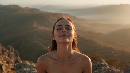 Breathing woman tilting head on ridge at sunset, in strapless top and necklace, rocky outcrop