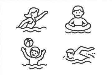 Summer water activities, people swimming, floating, and playing in the pool