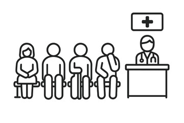 Medical waiting room scene with patients sitting and a healthcare professional at the desk