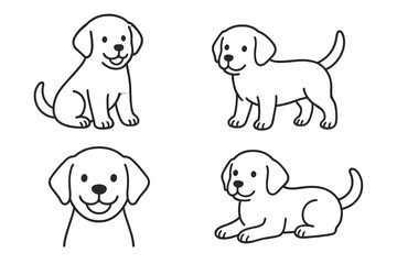 Set of four adorable cartoon puppy characters in various poses black outline style