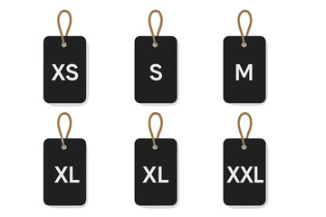 Assortment of black rectangular clothing tags with twine strings for retail and shopping