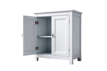 White wooden cabinet with open left door and closed right door on black background furniture storage, Isolated On White Background, Png Transparent