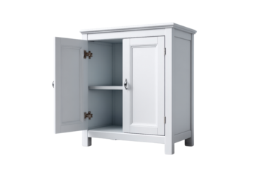 White wooden cabinet with open left door and closed right door on black background furniture storage, Isolated On White Background, Png Transparent