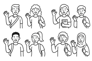 Group of happy diverse students wearing backpacks and waving their hands in greeting