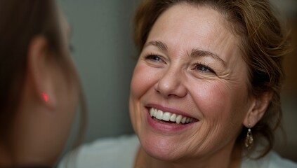 Smiling midlife woman meeting gaze at home, wearing dangling earring, light top, red ear reflection