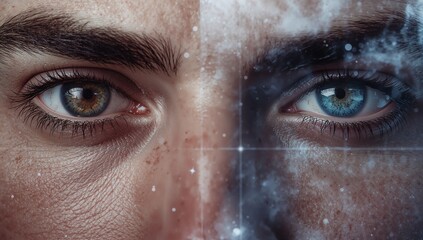 Showing split portrait in studio revealing pores freckles brown blue irises with nebula crosshair