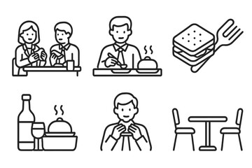 Simple line icons depicting dining, restaurant activities, and food service