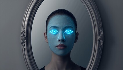 Standing woman in dark high-neck facing mirror in studio, with blue mesh and neon-blue eye graphics