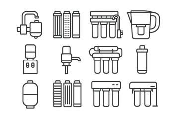 Outline symbols representing home water purification, filtration systems, and water dispensers