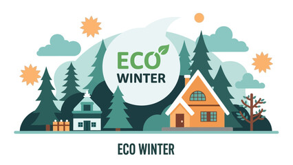 Eco Winter Concept with Cozy Houses and Pine Trees.