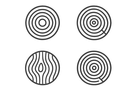 Simple line art wood cross sections depicting tree growth rings and grain patterns