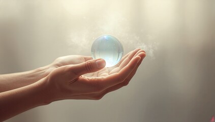 Cradling adult hands supporting glowing translucent crystal sphere in studio backdrop, soft mist