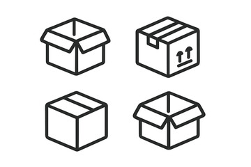 Outline graphics showing different states of shipping and delivery cardboard boxes