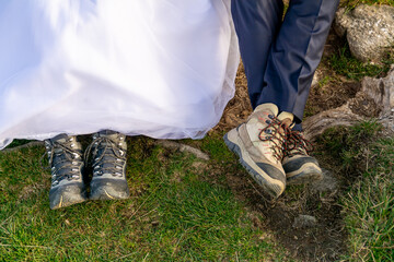 Bride And Groom Wearing Hiking Boots Outdoor Adventure Wedding Travel Nature Fun