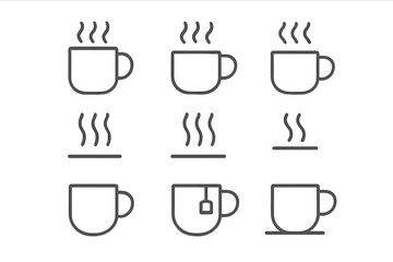 Minimalist line icons set for hot drinks, coffee, tea, and steam symbols in UI design