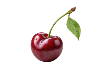 Single ripe red cherry with green leaf and stem on black background fruit isolated, Isolated On White Background, Png Transparent