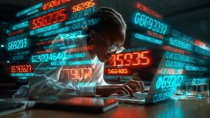 Digital Data Analyst: A focused individual, illuminated by a vibrant digital display of intricate data streams and number sequences, navigating the digital landscape on a laptop. - Powered by Adobe