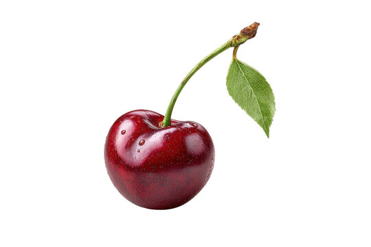 Single ripe red cherry with green leaf and stem on black background fruit isolated, Isolated On White Background, Png Transparent