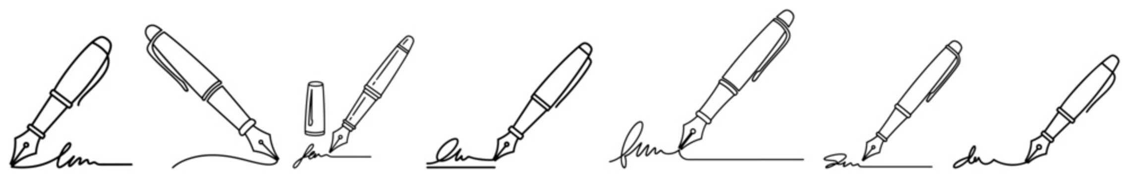 Collection of fountain pen signing document icons featuring various signature strokes in vector line art style