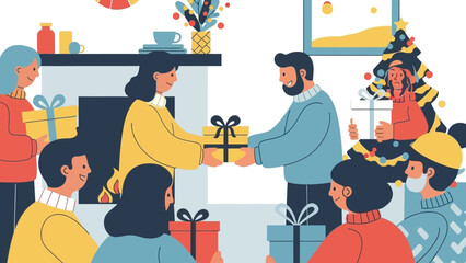 People exchanging gifts during a festive gathering.