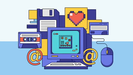Retro Computer Setup with Floppy Disks and Cassette Tapes.