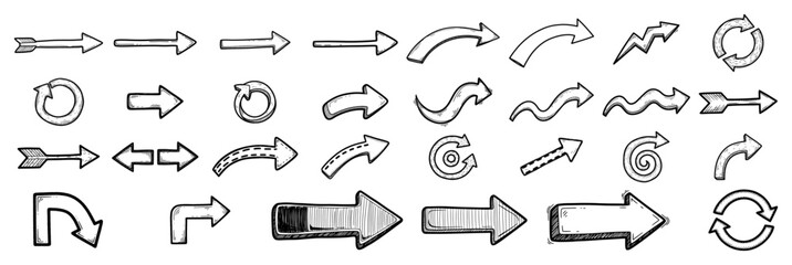 Hand Drawn Arrow Icon Set Line Art Vector – Sketch Direction Symbols Collection