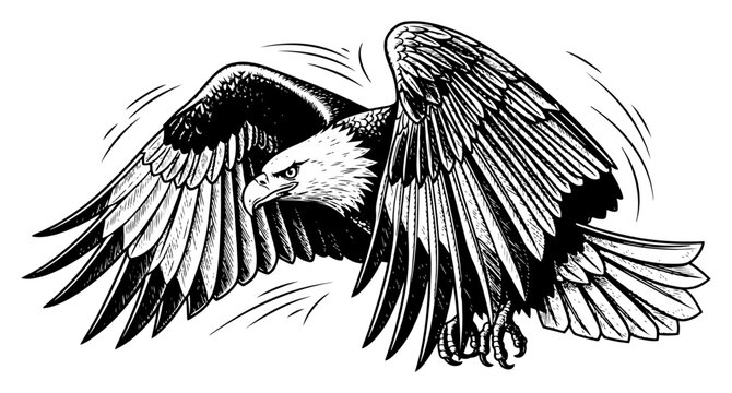 Majestic bald eagle landing with spread wings in vintage woodcut style black and white vector illustration suitable for mascot or logo