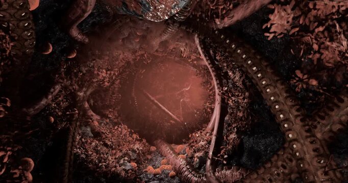 Looking down into a mysterious, alien environment filled with twisting organic formations and glowing elements. The colors suggest a vibrant biosphere thriving in darkness.