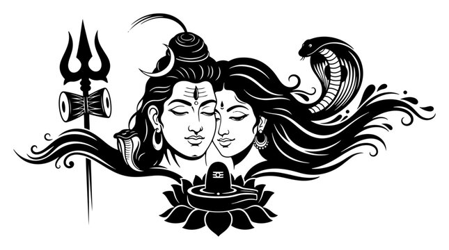 Lord Shiva and Goddess Parvati divine couple with trishul and cobra vector illustration for tattoo or religious design