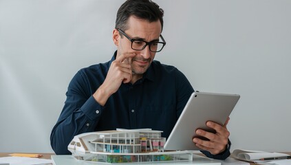 Studying designer in navy shirt glasses viewing tablet in studio, with model, papers, pencil, plans