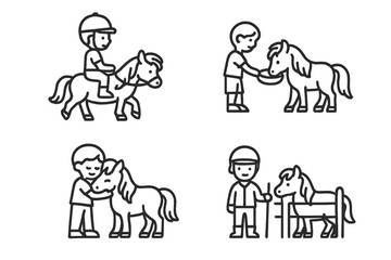 Children interacting with ponies, riding, feeding, and grooming activities