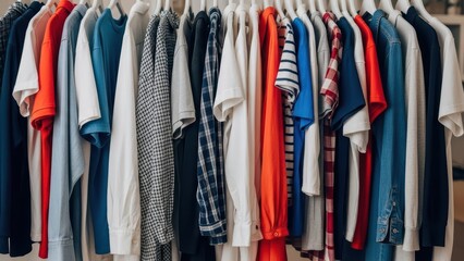 Diverse collection of colorful assorted shirts hanging on a rack in a clothing store