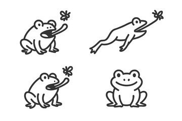 Cute cartoon frogs sitting, jumping, and catching insects with long tongues