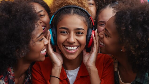 Holding red-blue headphones, center teen grinning while friends leaning in studio portrait, red top