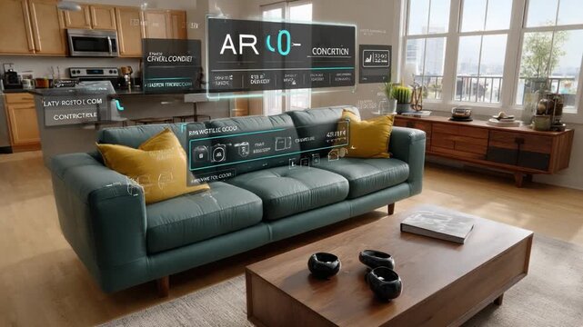 AR Interface over Living Room: A captivating augmented reality interface overlays a modern living room setting, showcasing interactive features and design elements.