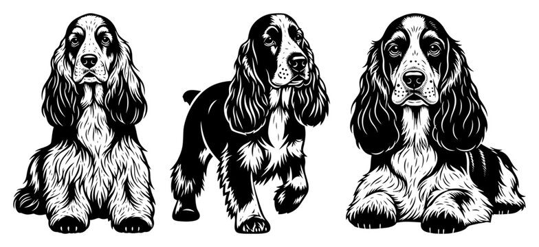 Cocker Spaniel Dog Poses Set &ndash; Detailed Pedigree Pet Line Art Vector Illustration