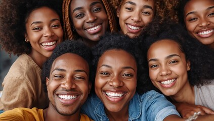 Fototapeta premium Smiling group of friends leaning close for selfie at home, wearing denim and mustard tops