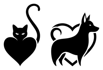 Heart Cat and Swirl Dog Silhouette Vector – Pet Love Animal Logo Icons