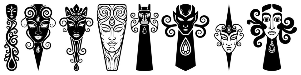 Tribal Ornamental Mask Icon Set Line Art Vector – Ethnic Decorative Face Symbols