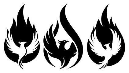Naklejka premium Phoenix Rising Icons in Flames Set Bold Fire Bird Vector Illustration