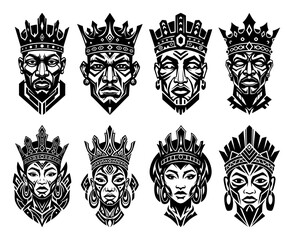 Fototapeta premium Regal Tribal Crowned Head Icon Set Line Art Vector – Ornate King and Queen Faces Illustration