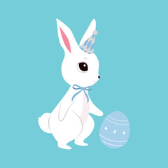 Cute white Easter bunnies, color clothes, cutie bows, pattern eggs. Spring collection. Sticker design. Set of easter eggs, pretty rabbits. Happy Easter. Greeting cards, birthday decoration, poster art