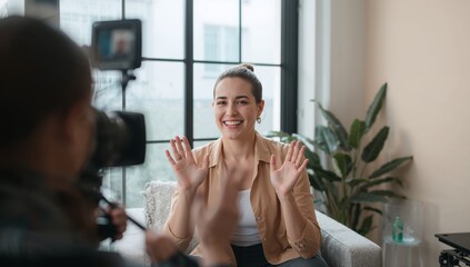 Smiling woman wearing beige shirt raising hands on sofa at home studio, with camera tripod