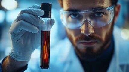 Male man scientist wearing safety goggles holding test tube with red liquid, laboratory research, chemistry, biotechnology, and the precision of modern scientific analysis and experimental innovation.
