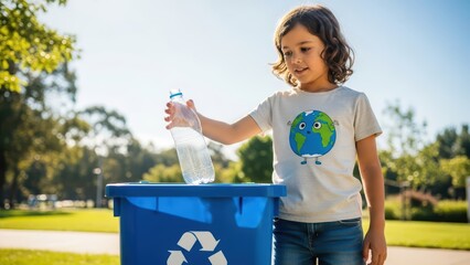 Young caucasian girl recycling plastic bottle in park on sunny day