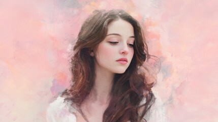 Ethereal portrait of a young woman with flowing hair on a soft pastel background capturing emotions of serenity and reflection in a dreamy artistic style