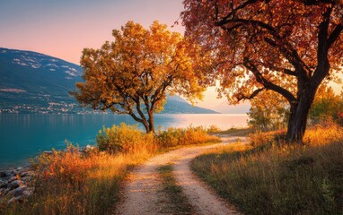 Scenic autumn path leading to a serene lake under a soft, pastel sky.