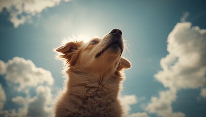 Gazing golden-furred dog tilting head toward sky at park, with sun backlighting fur and clouds